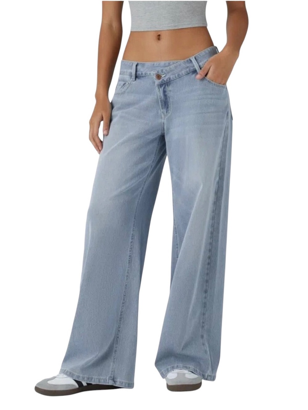 HALARA | Womens Light Azure Blue Flex Asymmetric Low Rise Baggy Wide Leg Jean L